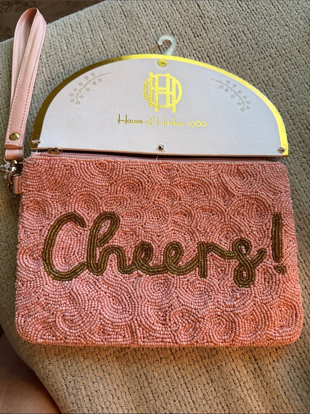 House of Harlow 1960 Pink Beaded "Cheers!" Wristlet with Gold Lettering